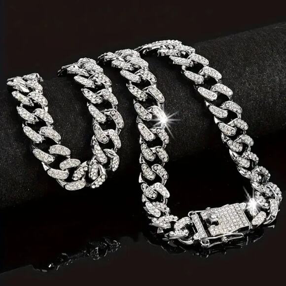 Iced Out Silver Plated Cuban Necklace & Bracelet Set THICK 12mm Miami Bling NEW